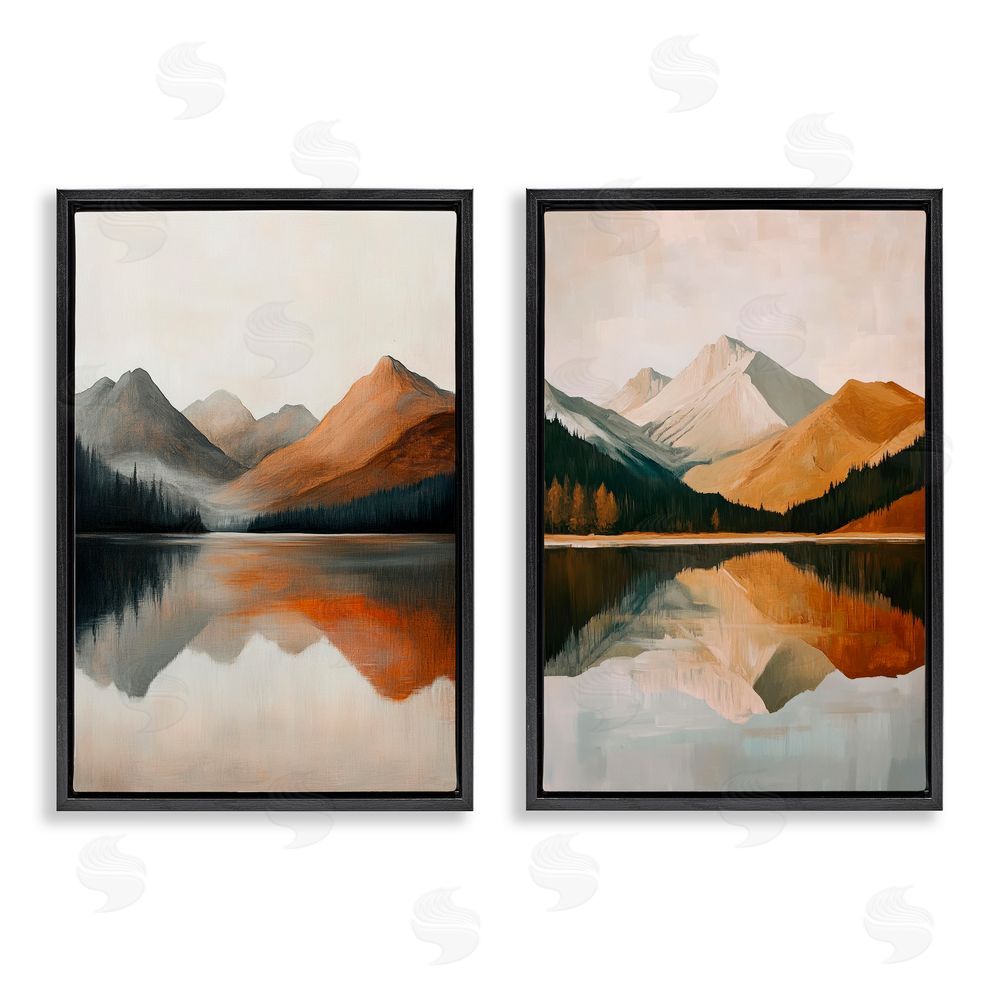Petal Prints Design Terracotta Reflections Mountains and Lake Black Floating Frame Canvas Wall Art Print