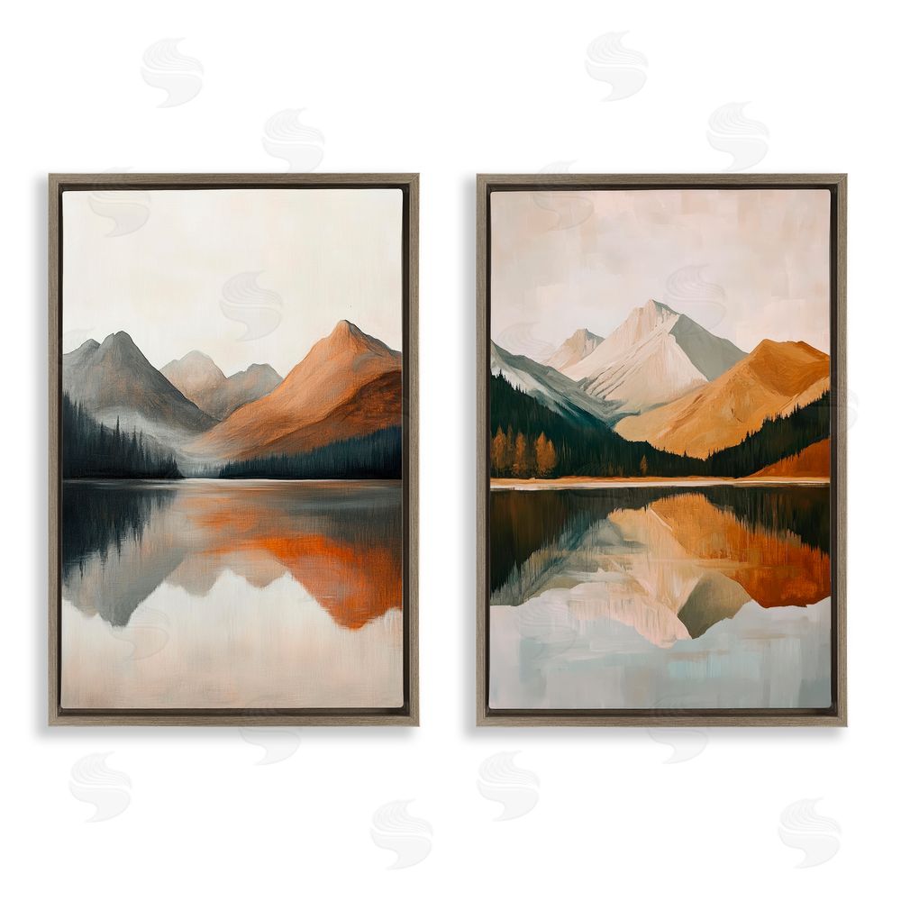 Petal Prints Design Terracotta Reflections Mountains and Lake Brown Floating Frame Canvas Wall Art Print