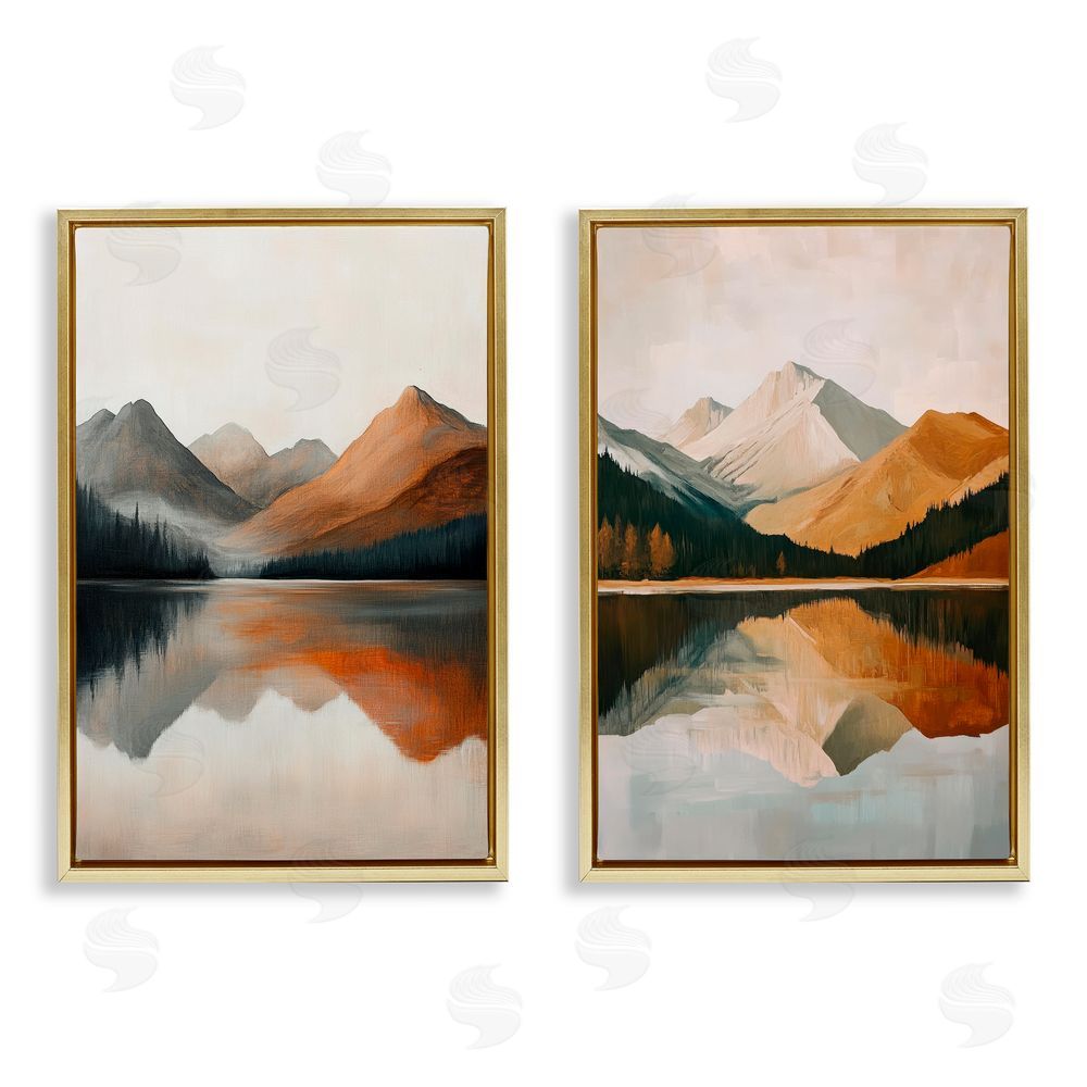 Petal Prints Design Terracotta Reflections Mountains and Lake Gold Floating Frame Canvas Wall Art Print