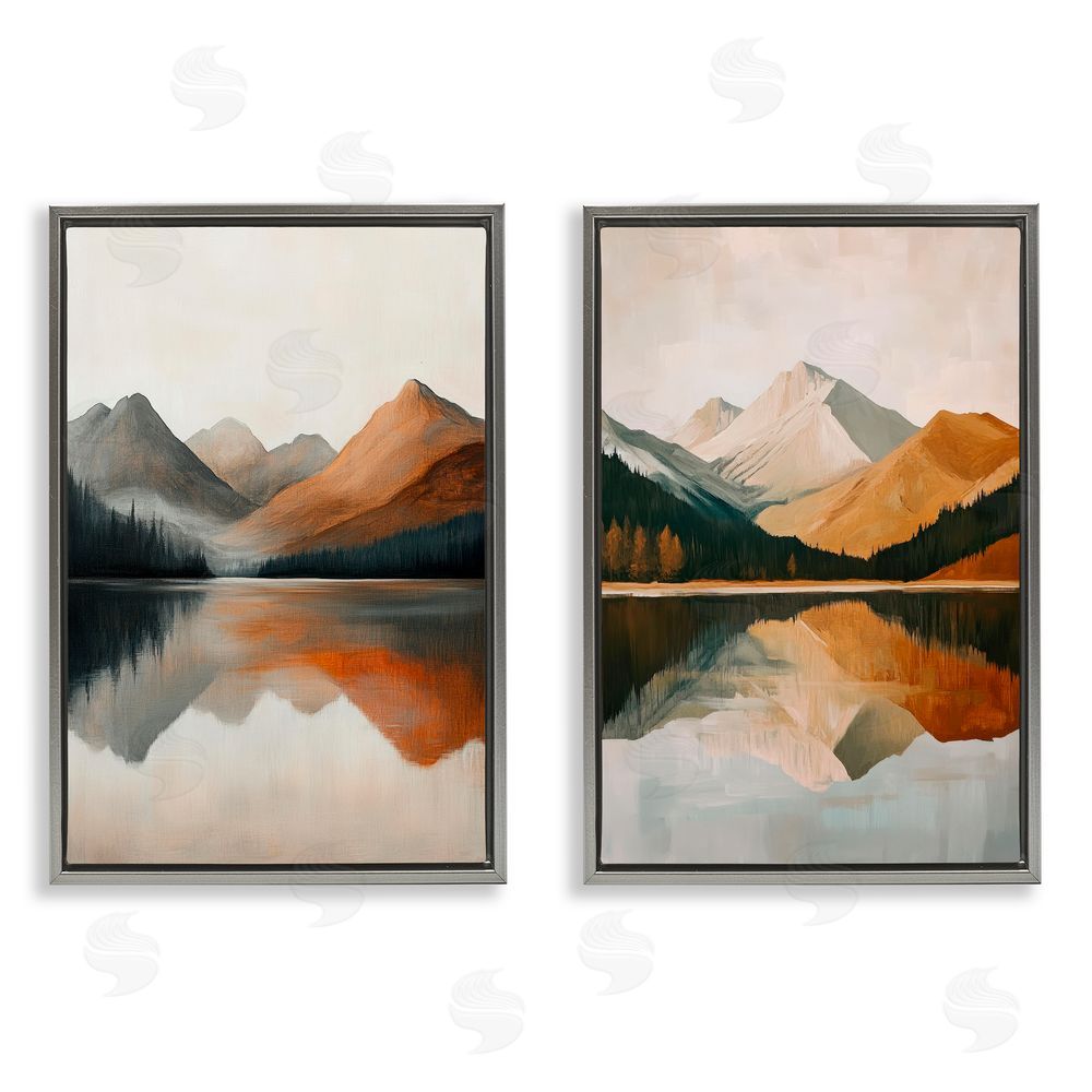 Petal Prints Design Terracotta Reflections Mountains and Lake Gray Floating Frame Canvas Wall Art Print