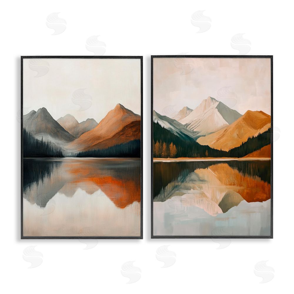 Petal Prints Design Terracotta Reflections Mountains and Lake Black Framed Giclee Wall Art Print