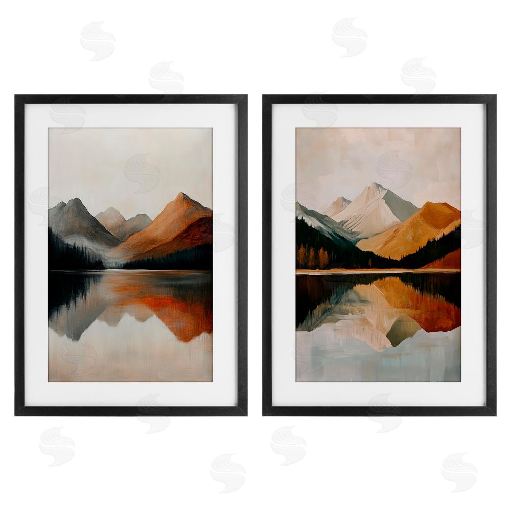 Petal Prints Design Terracotta Reflections Mountains and Lake Black Framed Print Under Glass with White Mat Wall Art