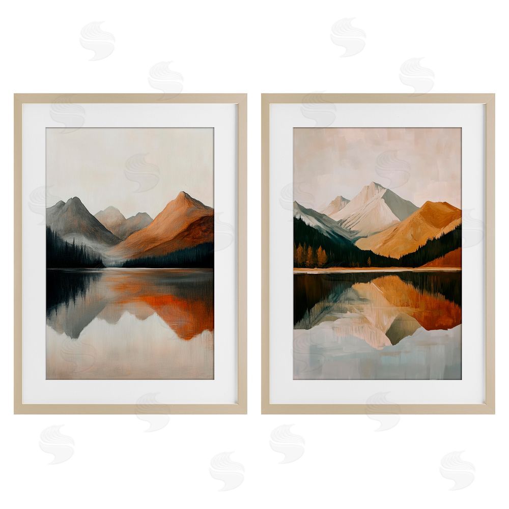 Petal Prints Design Terracotta Reflections Mountains and Lake Birch Framed Print Under Glass with White Mat Wall Art