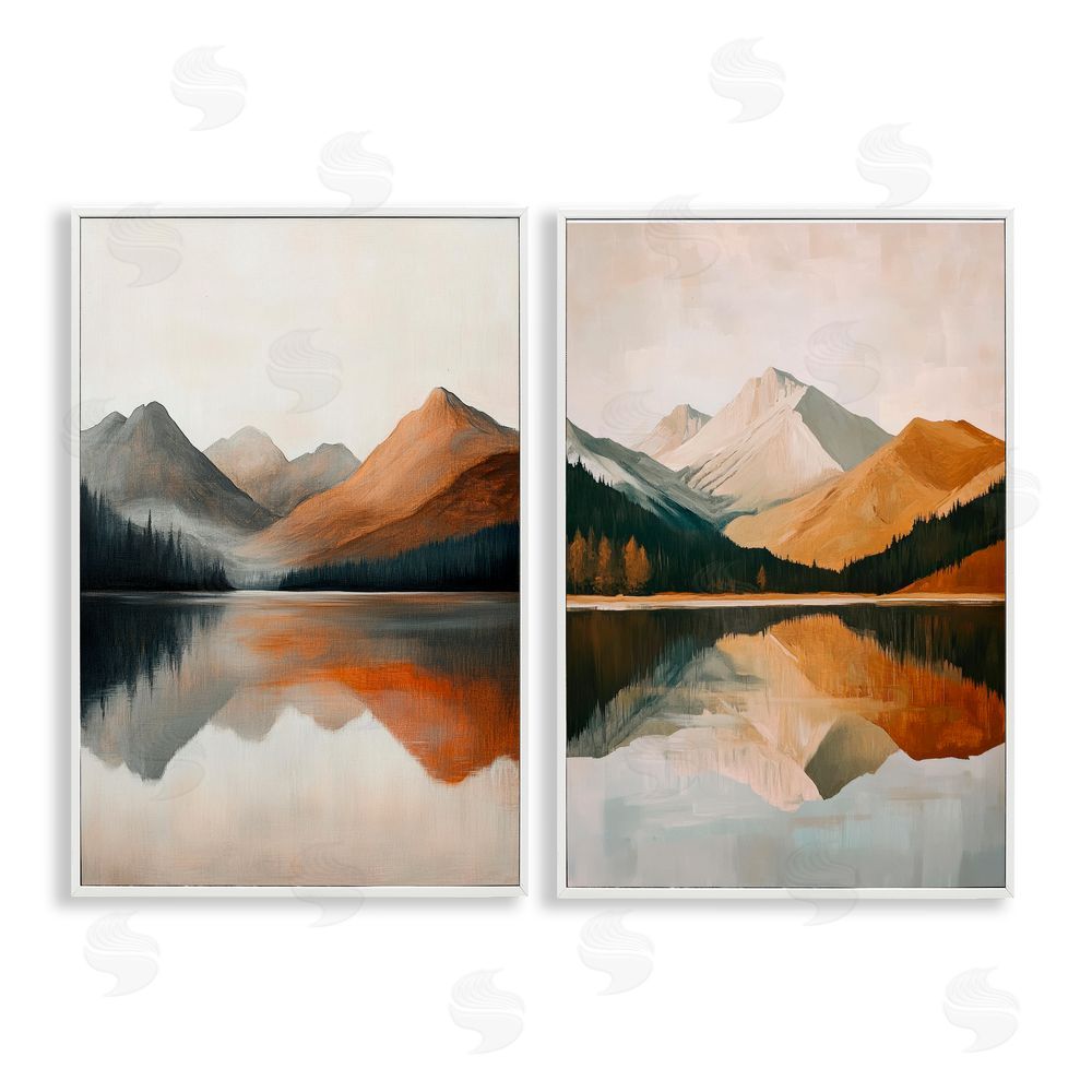 Petal Prints Design Terracotta Reflections Mountains and Lake White Framed Giclee Wall Art Print