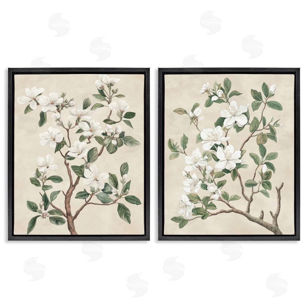 Petal Prints Design Vintage White Floral Blossomed Trees Black Floating Frame Canvas Wall Art Print
