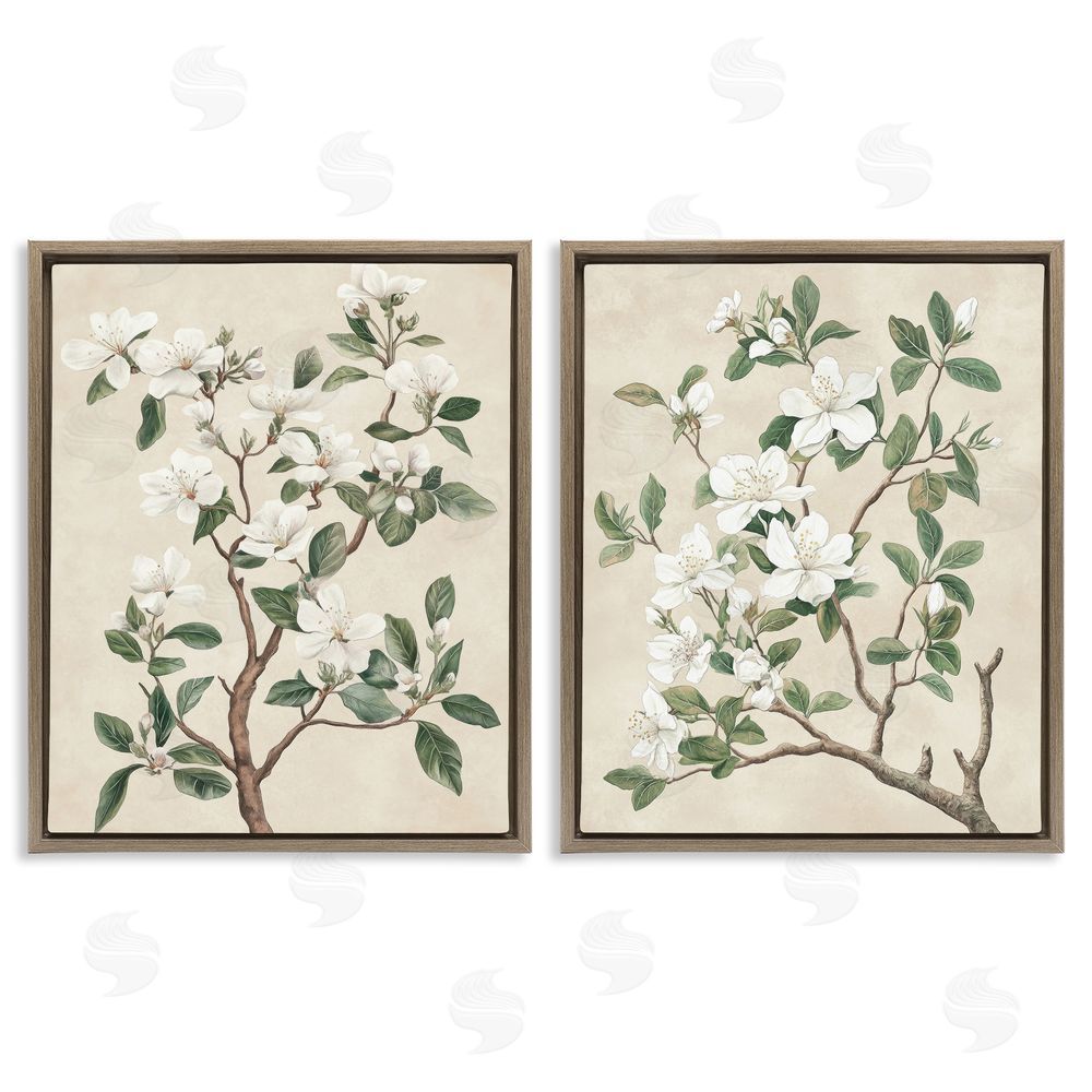 Petal Prints Design Vintage White Floral Blossomed Trees Brown Floating Frame Canvas Wall Art Print
