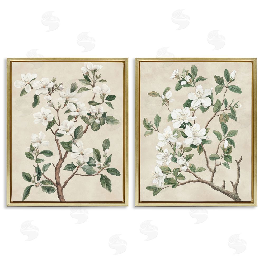 Petal Prints Design Vintage White Floral Blossomed Trees Gold Floating Frame Canvas Wall Art Print