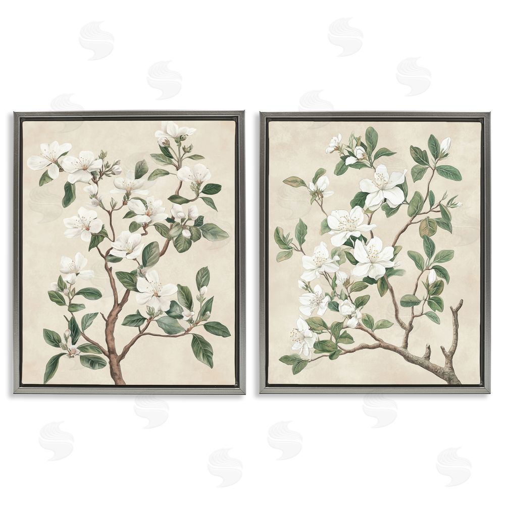 Petal Prints Design Vintage White Floral Blossomed Trees Gray Floating Frame Canvas Wall Art Print