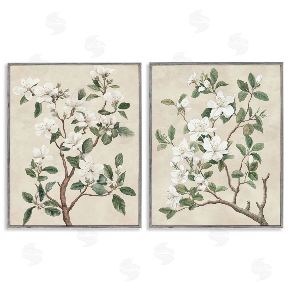 Petal Prints Design Vintage White Floral Blossomed Trees Gray Framed Giclee Wall Art Print