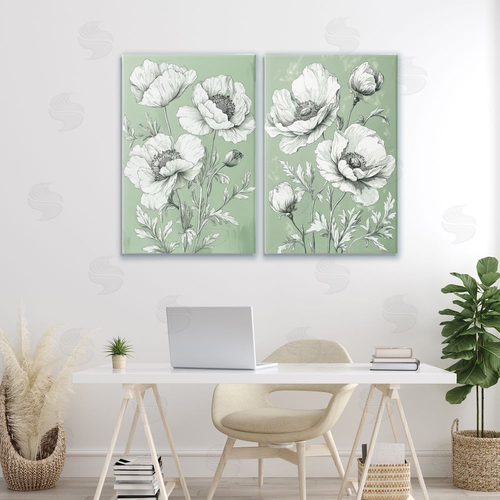 Petal Prints Design Vintage Green Poppy Florals Canvas Art on Wall