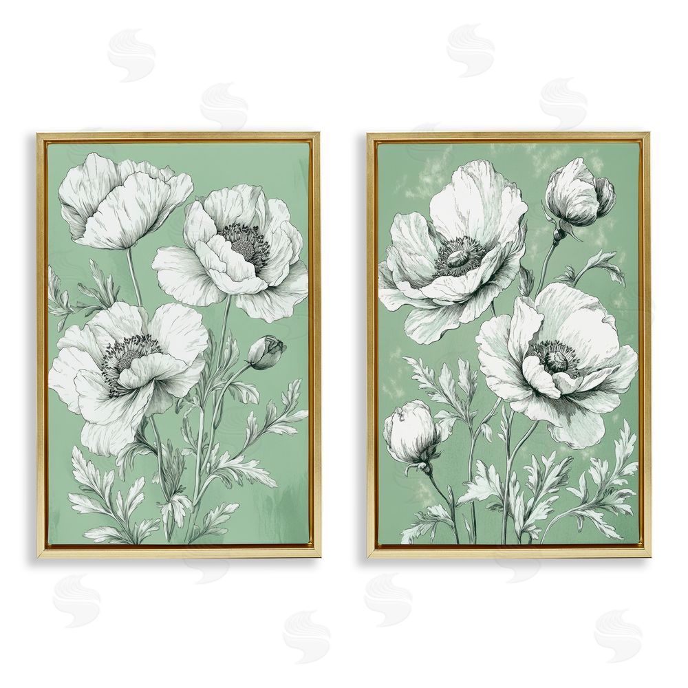 Petal Prints Design Vintage Green Poppy Florals Gold Floating Frame Canvas Wall Art Print