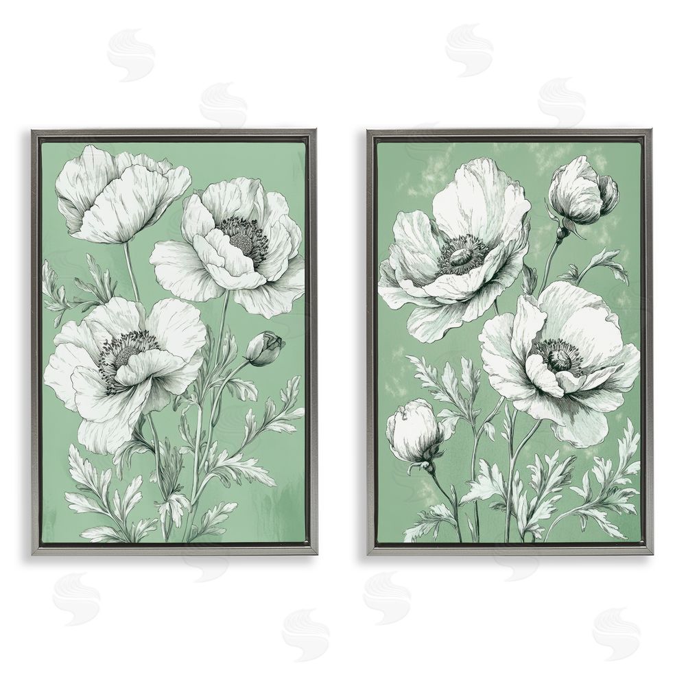 Petal Prints Design Vintage Green Poppy Florals Gray Floating Frame Canvas Wall Art Print