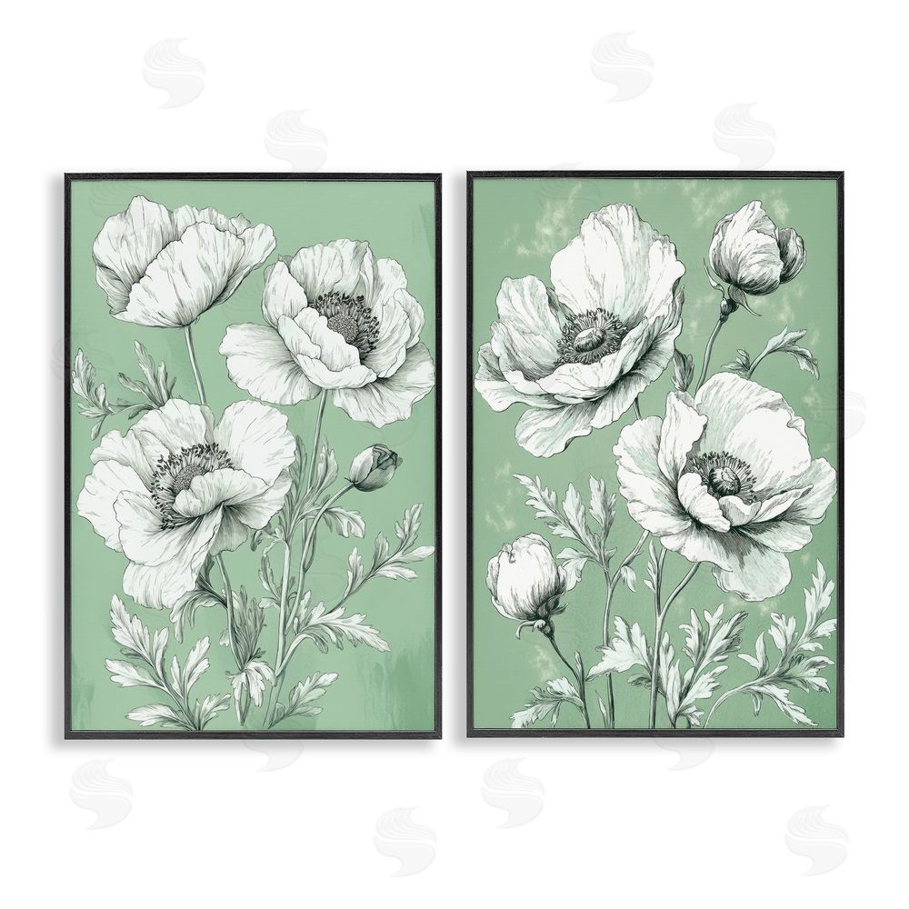 Petal Prints Design Vintage Green Poppy Florals Black Framed Giclee Wall Art Print
