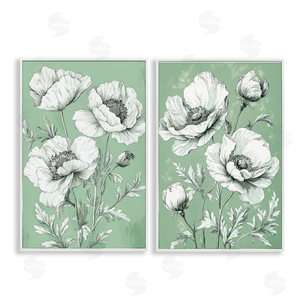 Petal Prints Design Vintage Green Poppy Florals White Framed Giclee Wall Art Print