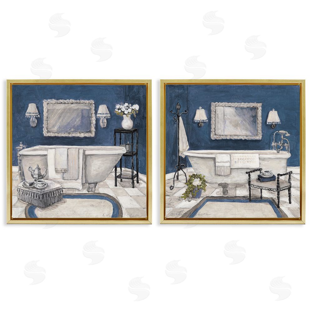 Charlene Olson Elegant Blue Bath Gold Floating Frame Canvas Art Set