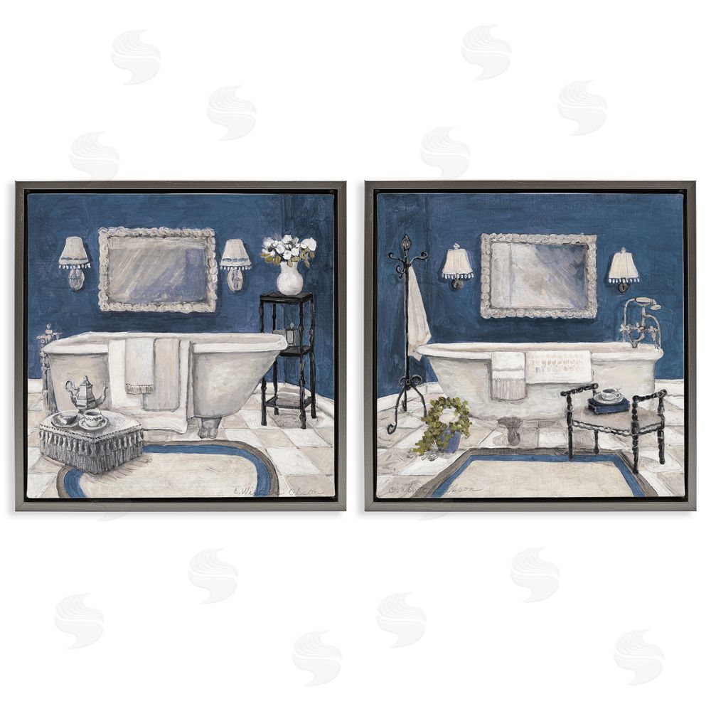 Charlene Olson Elegant Blue Bath Gray Floating Frame Canvas Art Set