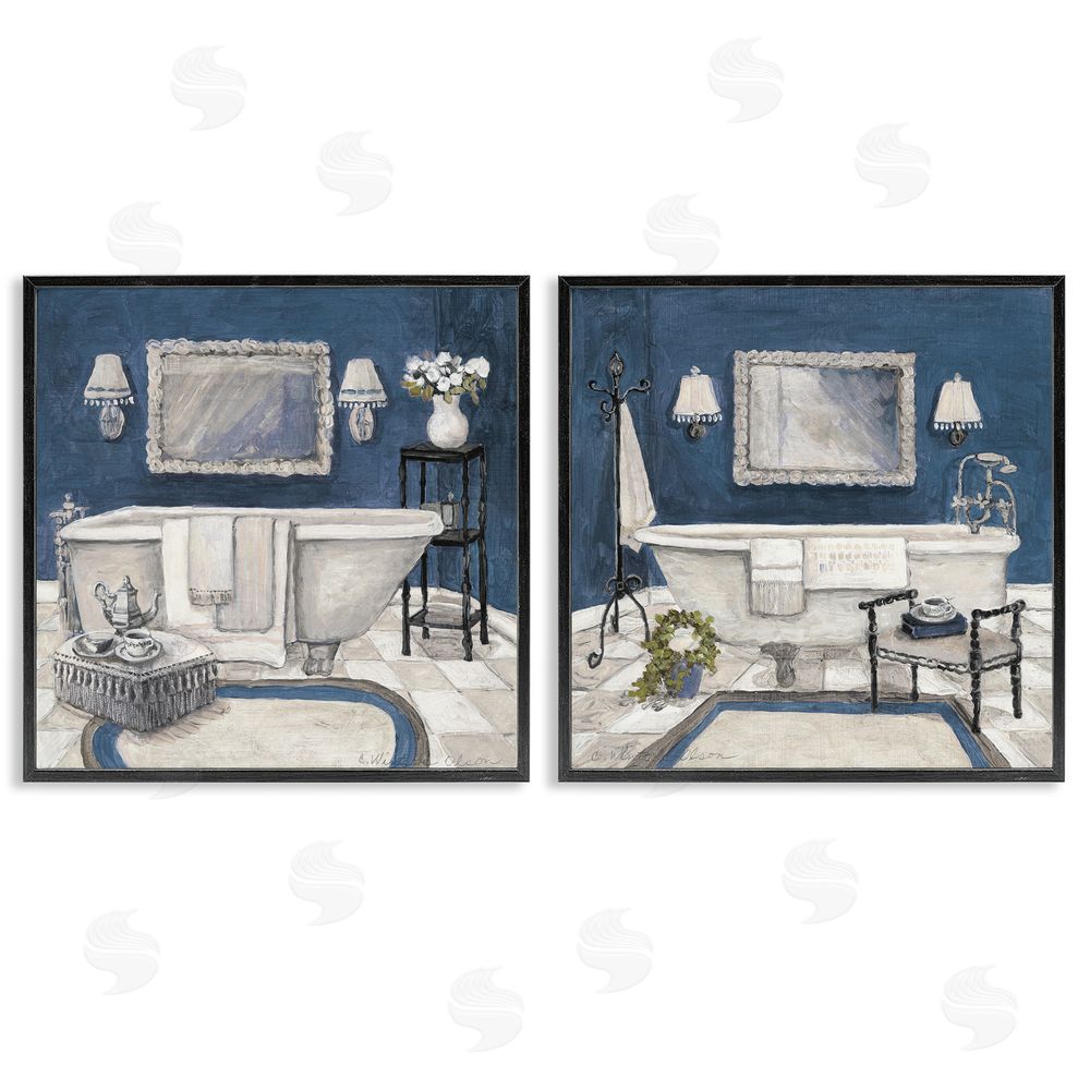 Charlene Olson Elegant Blue Bath Black Framed Giclee Art Set