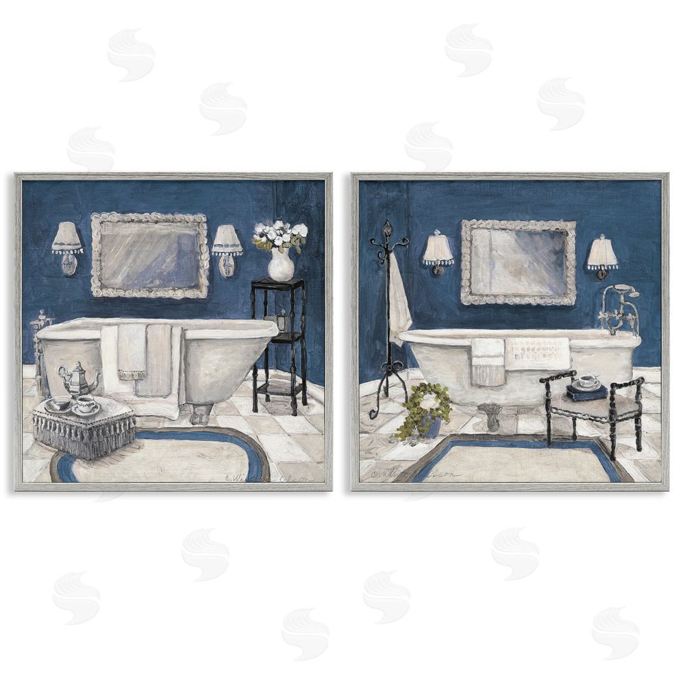 Charlene Olson Elegant Blue Bath Gray Framed Giclee Art Set