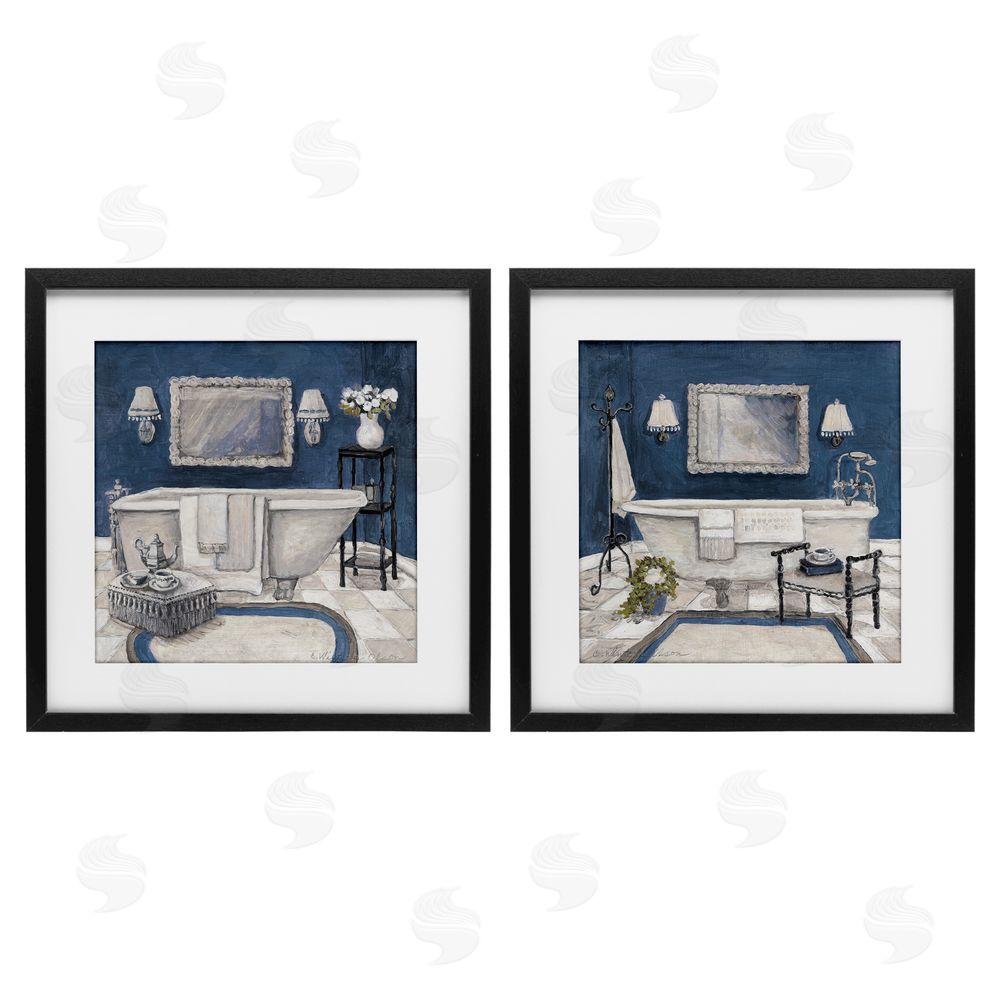 Charlene Olson Elegant Blue Bath Black Framed Print Under Glass Set