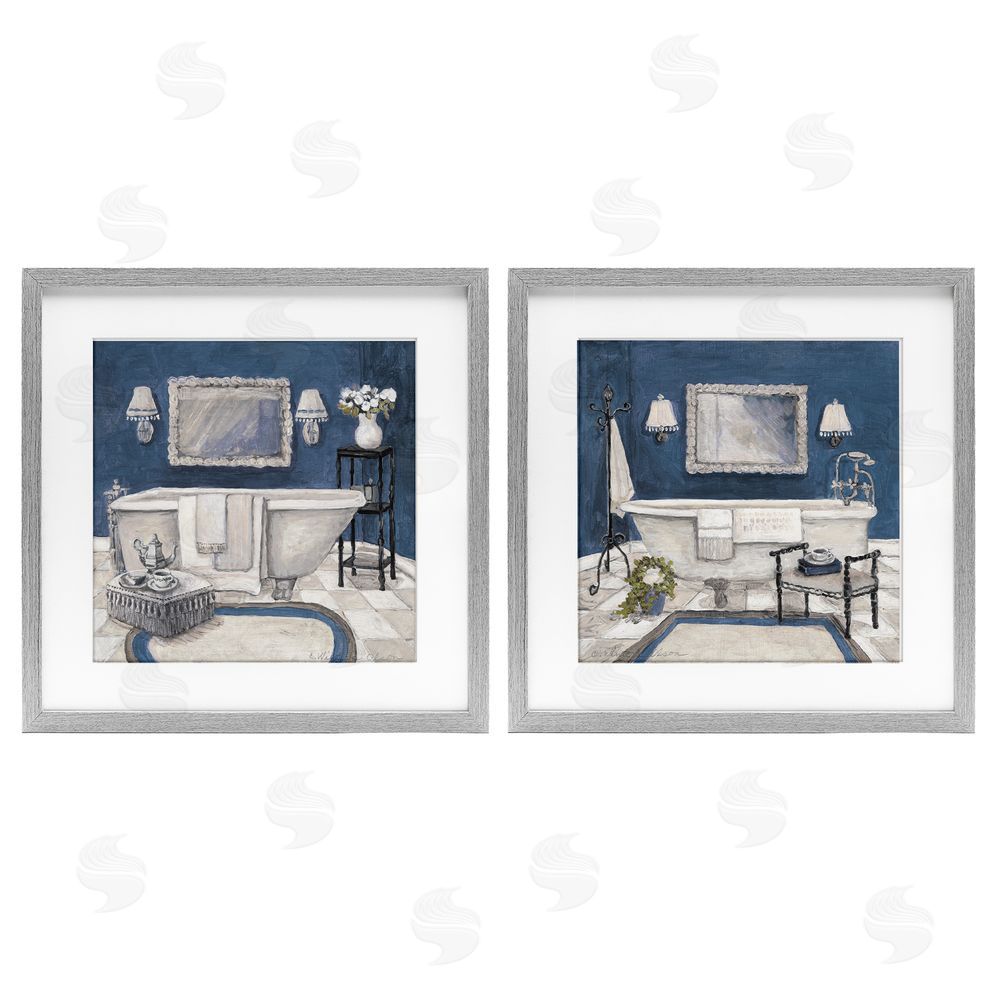 Charlene Olson Elegant Blue Bath Gray Framed Print Under Glass Set