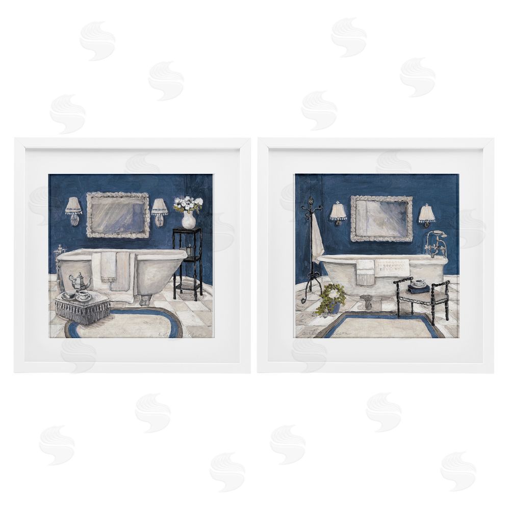 Charlene Olson Elegant Blue Bath White Framed Print Under Glass Set