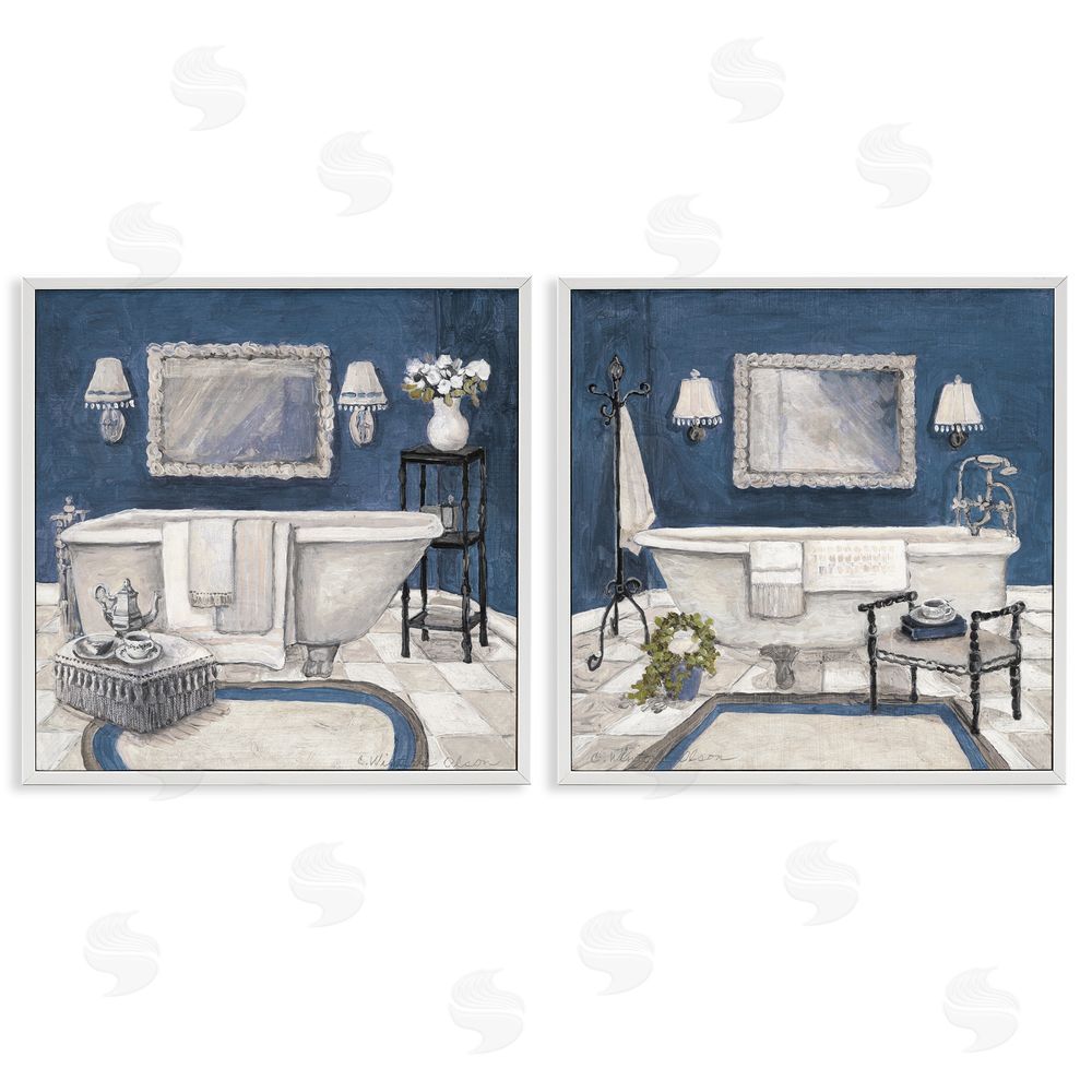 Charlene Olson Elegant Blue Bath White Frame Giclee Art Set