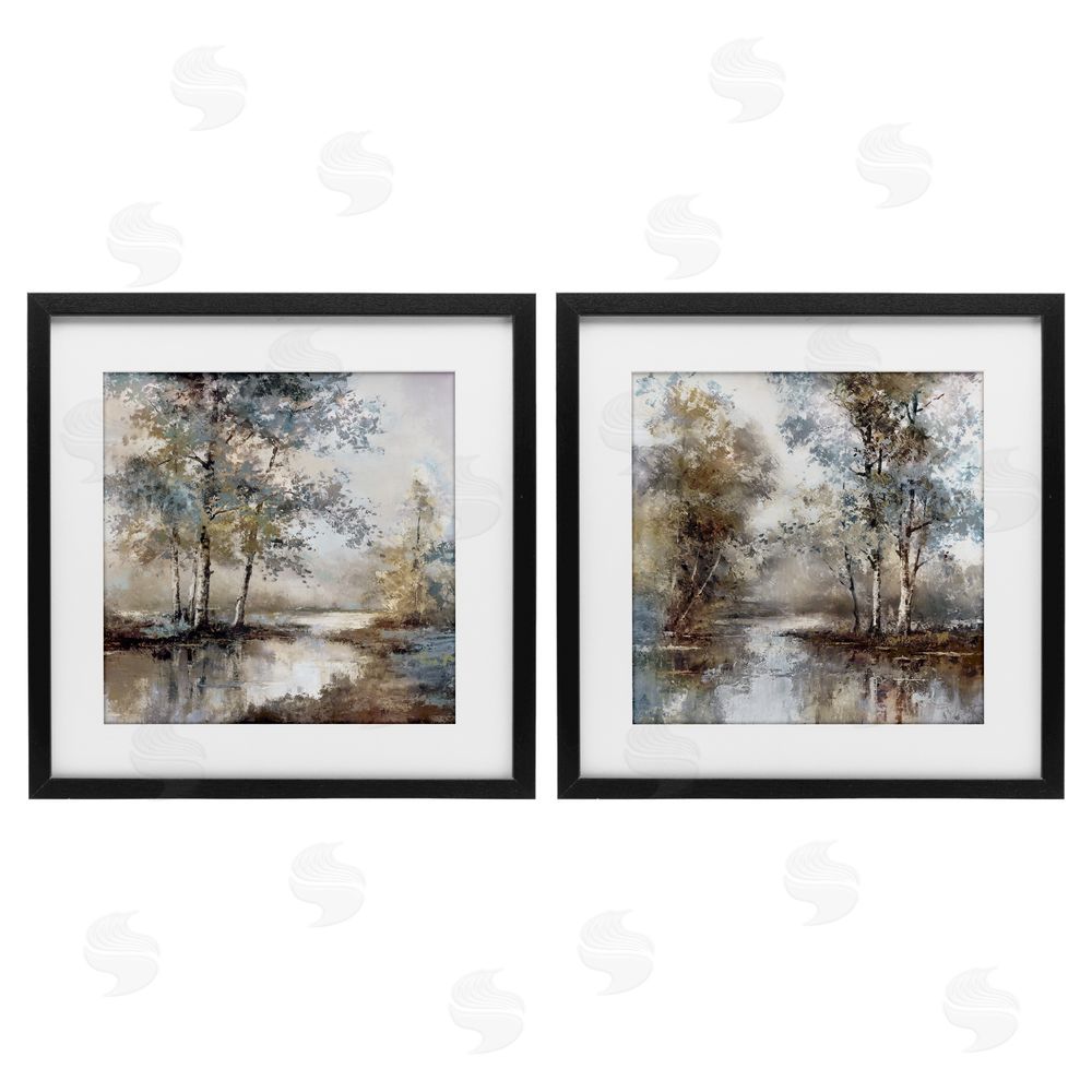 T.C. Chiu Meandering River Tree Scene Black Framed Print Under Glass Set