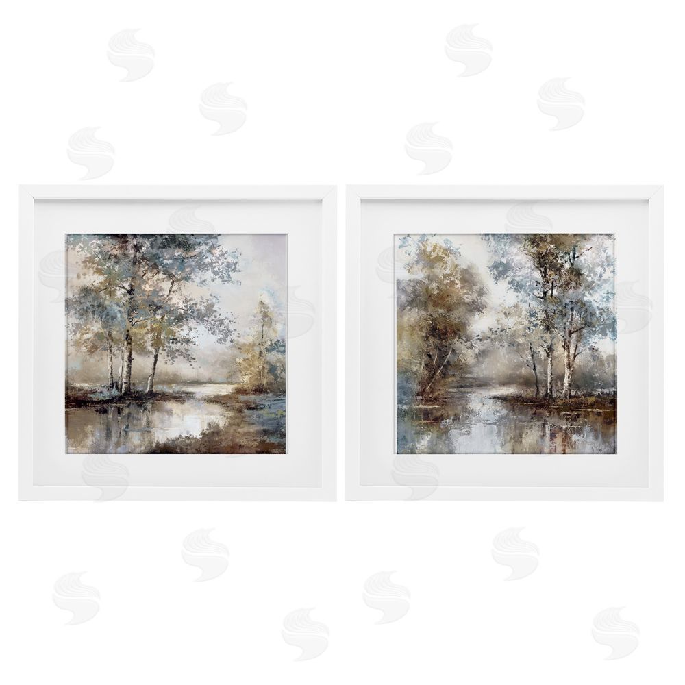 T.C. Chiu Meandering River Tree Scene White Framed Print Under Glass Set