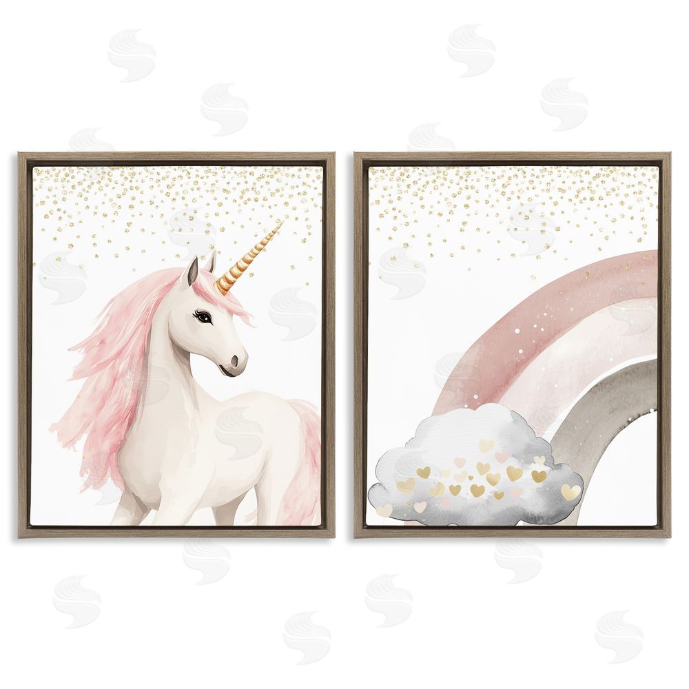 Christine Simpson Art Princess Dreams Unicorn & Rainbow Brown Floating Frame Canvas Wall Art Print