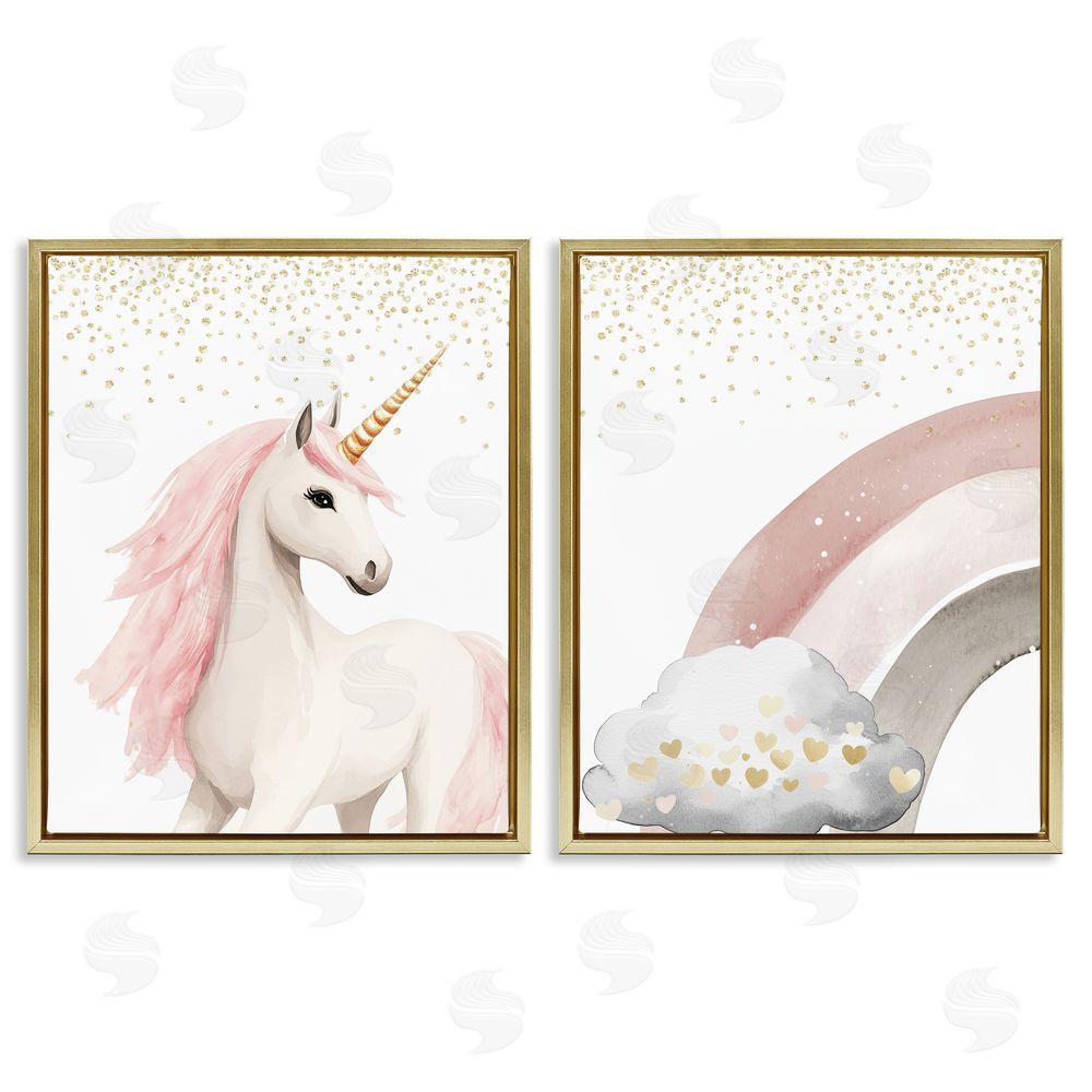 Christine Simpson Art Princess Dreams Unicorn & Rainbow Gold Floating Frame Canvas Wall Art Print
