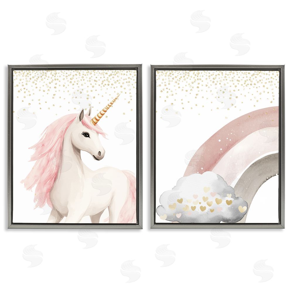 Christine Simpson Art Princess Dreams Unicorn & Rainbow Gray Floating Frame Canvas Wall Art Print