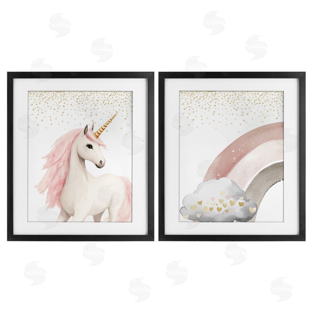 Christine Simpson Art Princess Dreams Unicorn & Rainbow Black Framed Print Under Glass with White Mat Wall Art