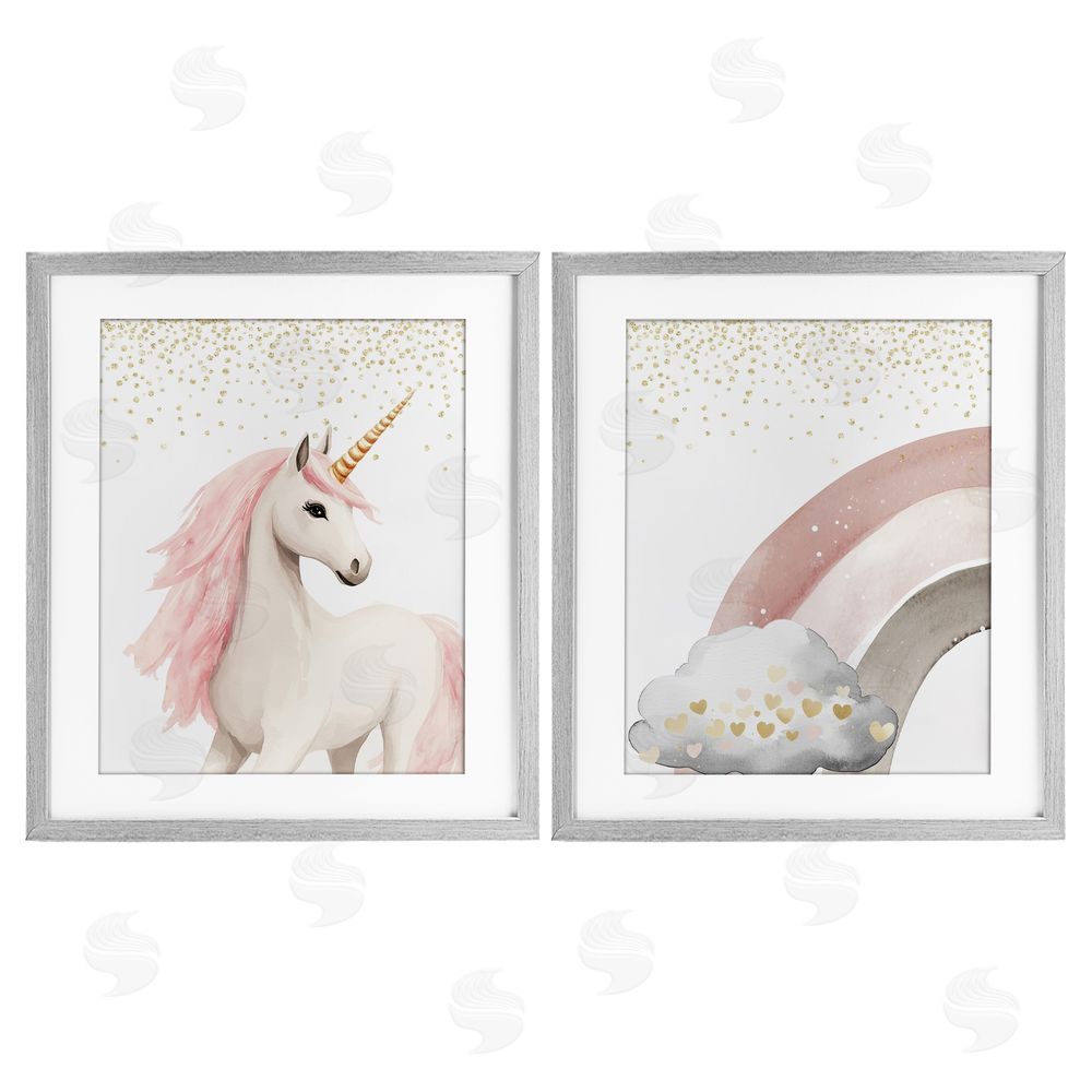 Christine Simpson Art Princess Dreams Unicorn & Rainbow Gray Framed Print Under Glass with White Mat Wall Art