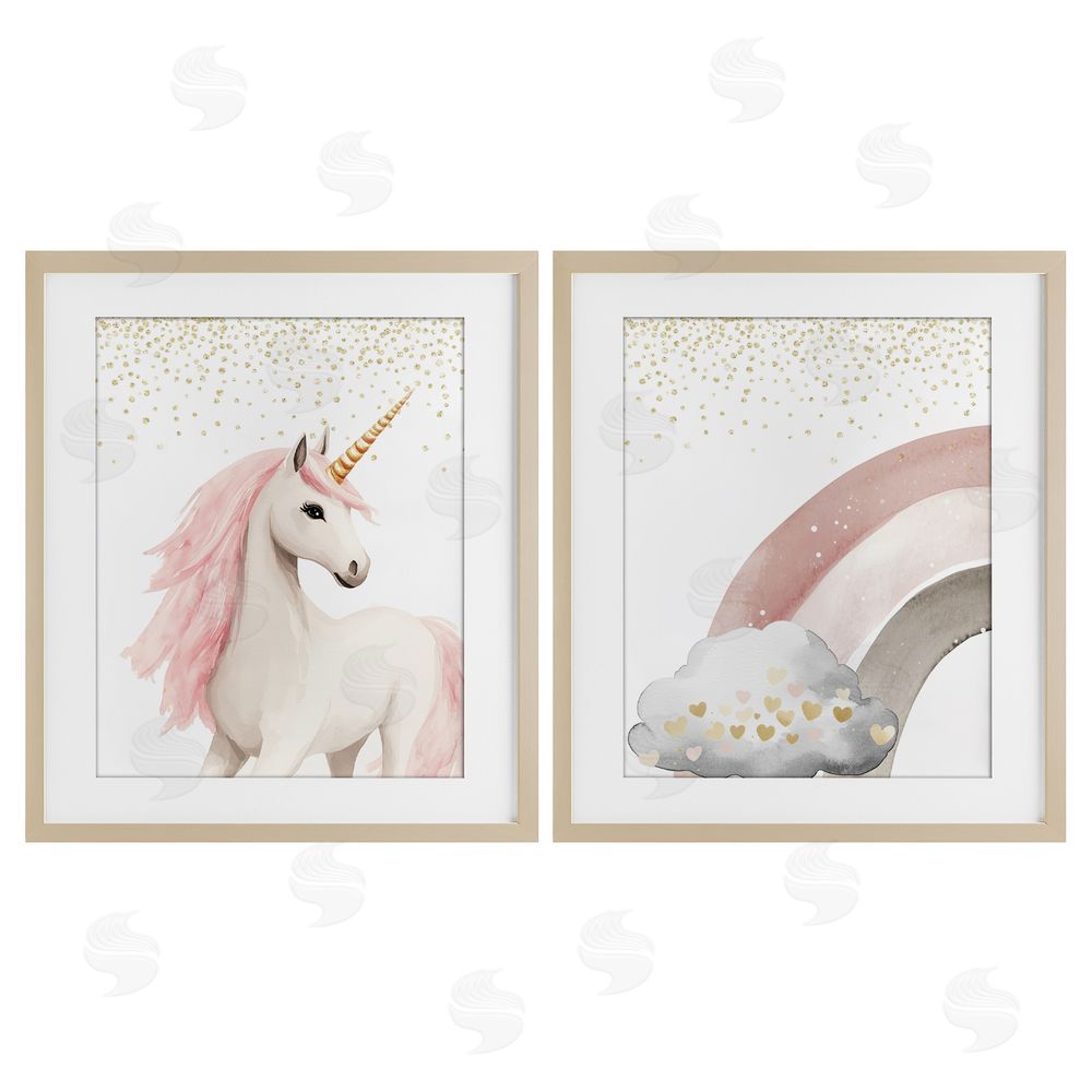Christine Simpson Art Princess Dreams Unicorn & Rainbow Birch Framed Print Under Glass with White Mat Wall Art