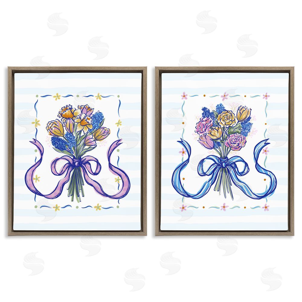 Connie Summers Ribboned Spring Flower Bundle Brown Floating Frame Canvas Wall Art Print