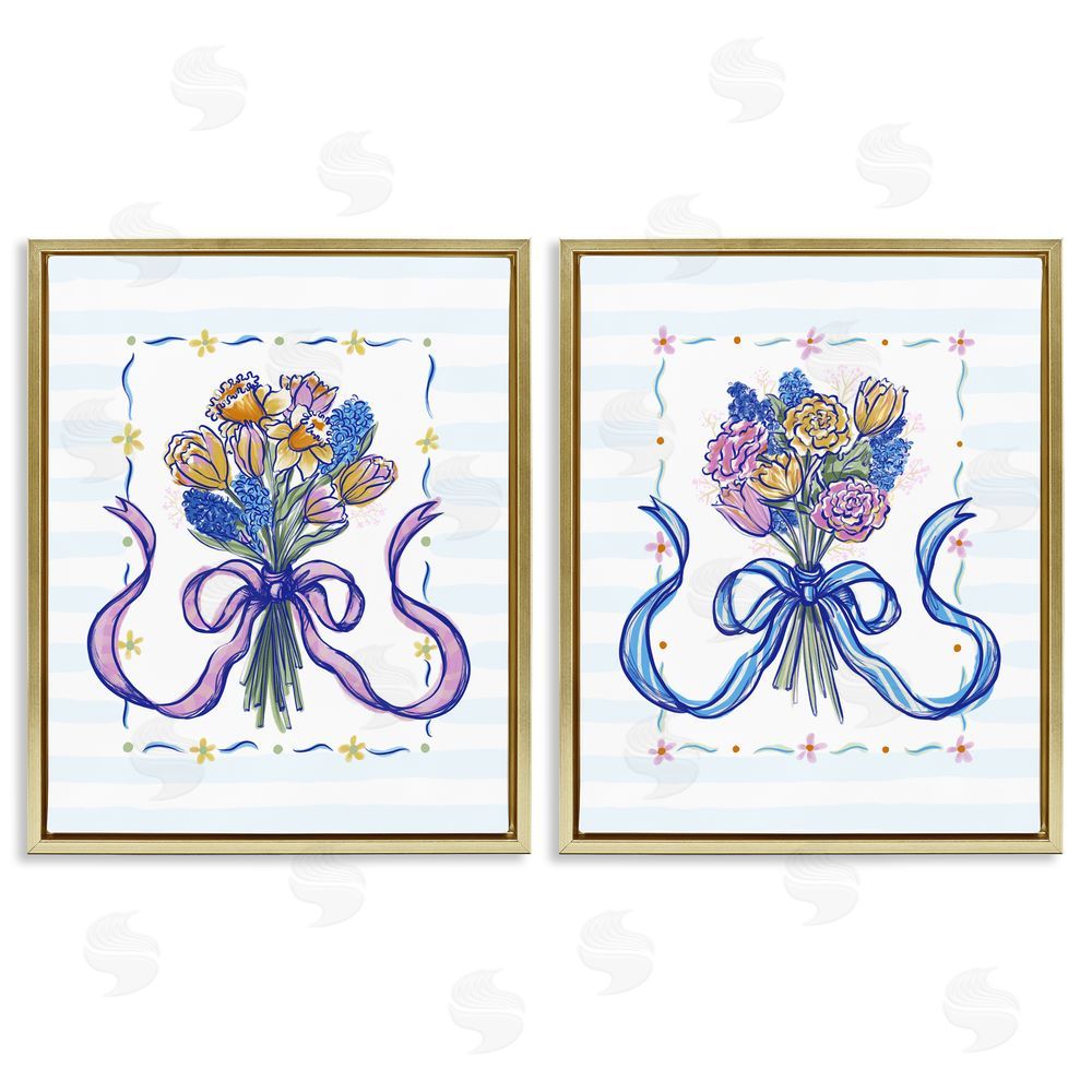 Connie Summers Ribboned Spring Flower Bundle Gold Floating Frame Canvas Wall Art Print