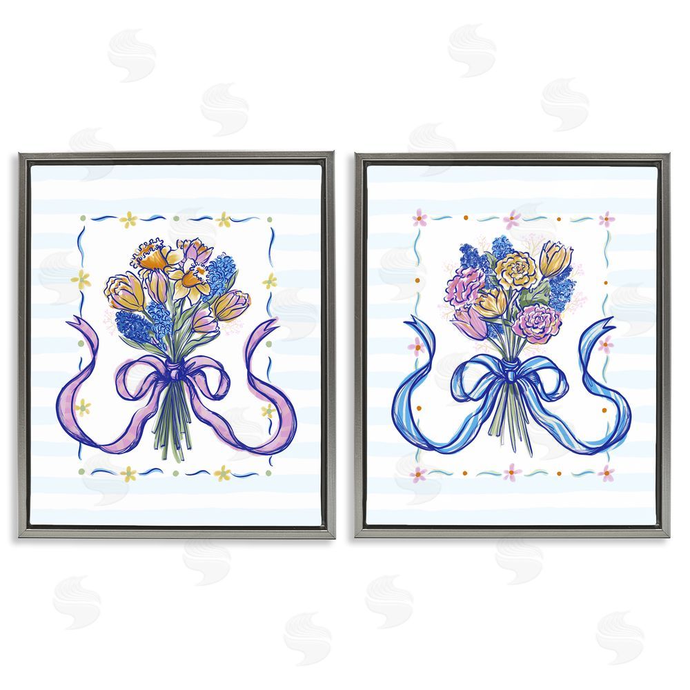 Connie Summers Ribboned Spring Flower Bundle Gray Floating Frame Canvas Wall Art Print