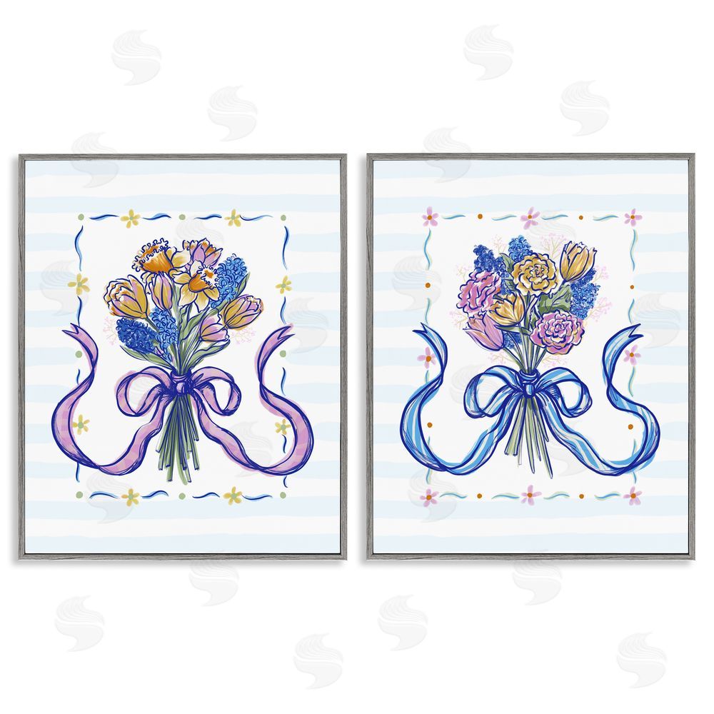 Connie Summers Ribboned Spring Flower Bundle Gray Framed Giclee Wall Art Print