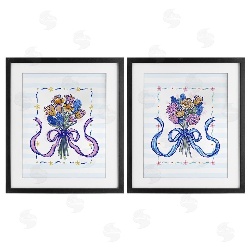 Connie Summers Ribboned Spring Flower Bundle Black Framed Print Under Glass with White Mat Wall Art