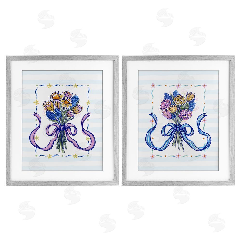 Connie Summers Ribboned Spring Flower Bundle Gray Framed Print Under Glass with White Mat Wall Art
