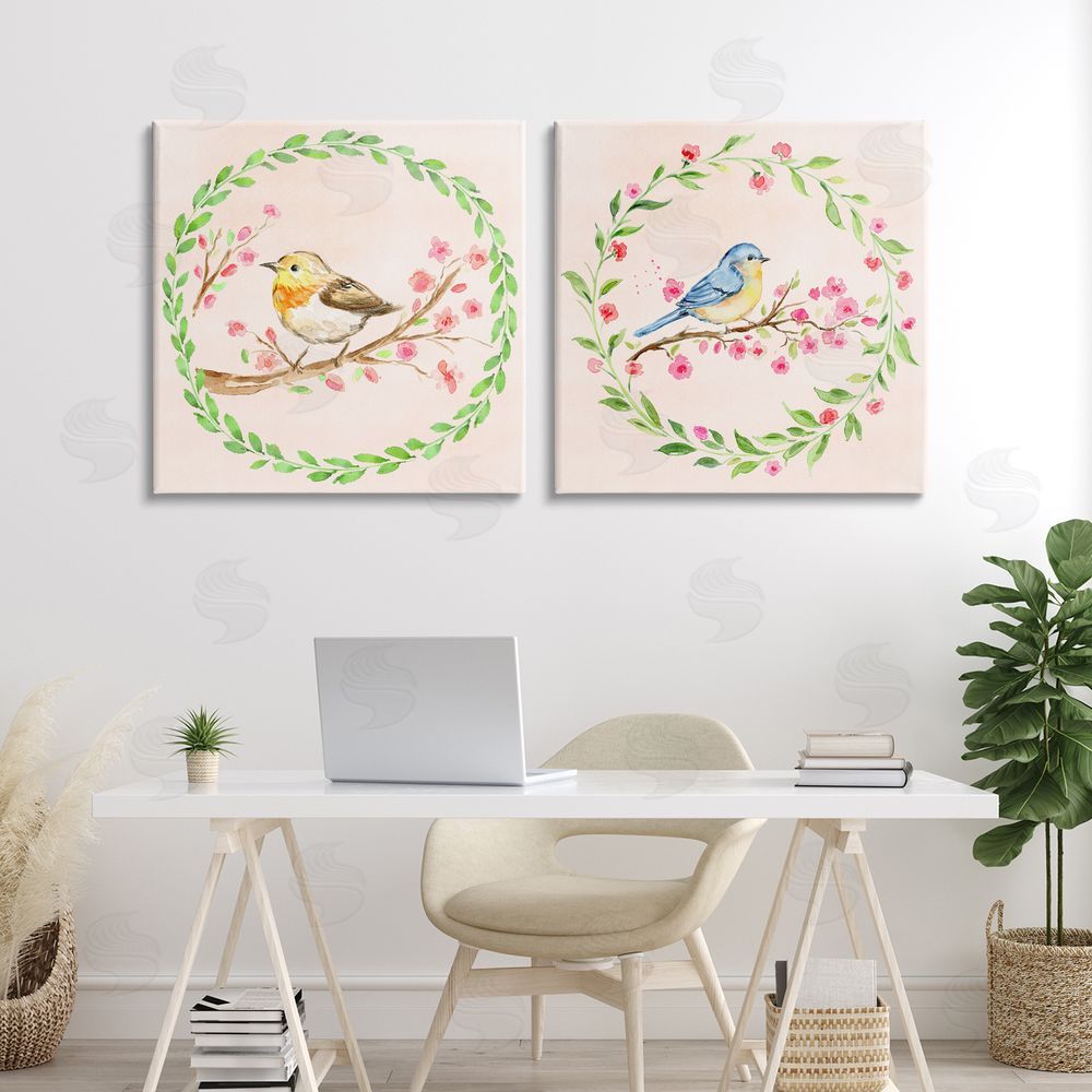 Elena Fay Spring Branches & Wreath Birds Stretched Canvas Wall Art Print in Room