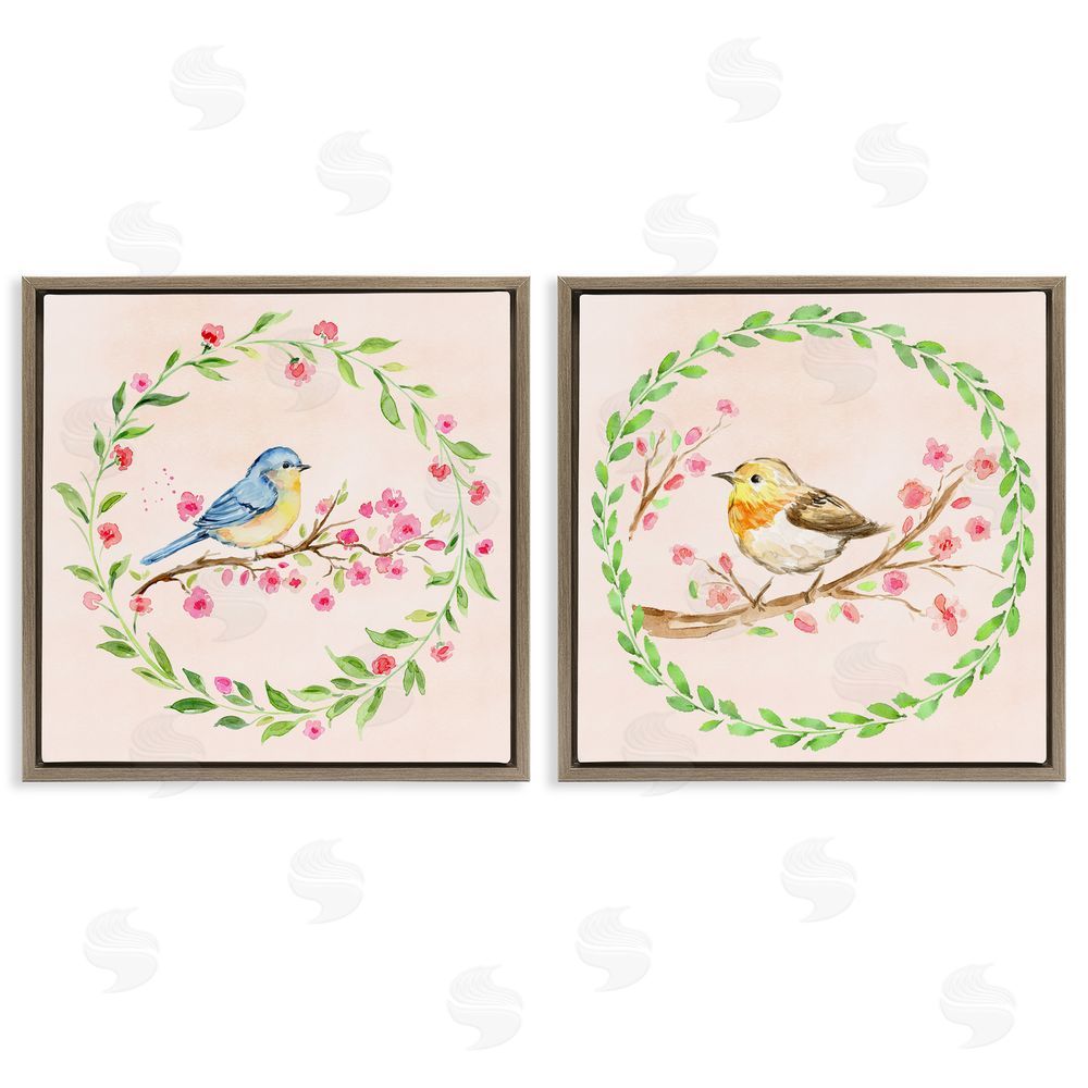 Elena Fay Spring Branches & Wreath Birds Brown Floating Frame Canvas Wall Art Print