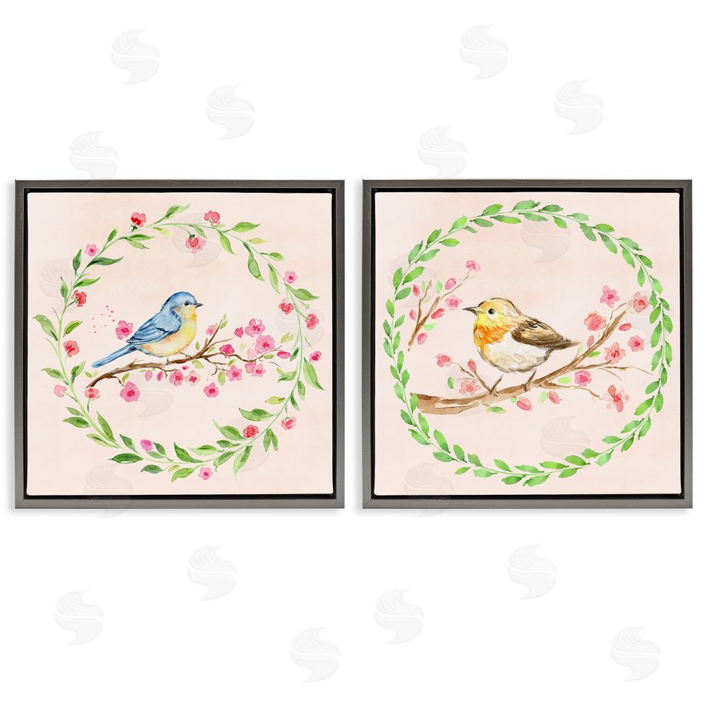 Elena Fay Spring Branches & Wreath Birds Gray Floating Frame Canvas Wall Art Print