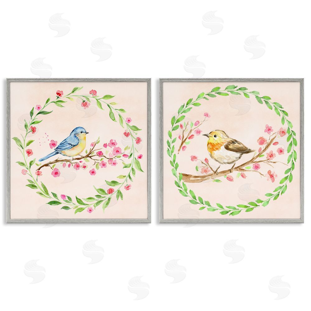 Elena Fay Spring Branches & Wreath Birds Gray Framed Giclee Print Wall Art