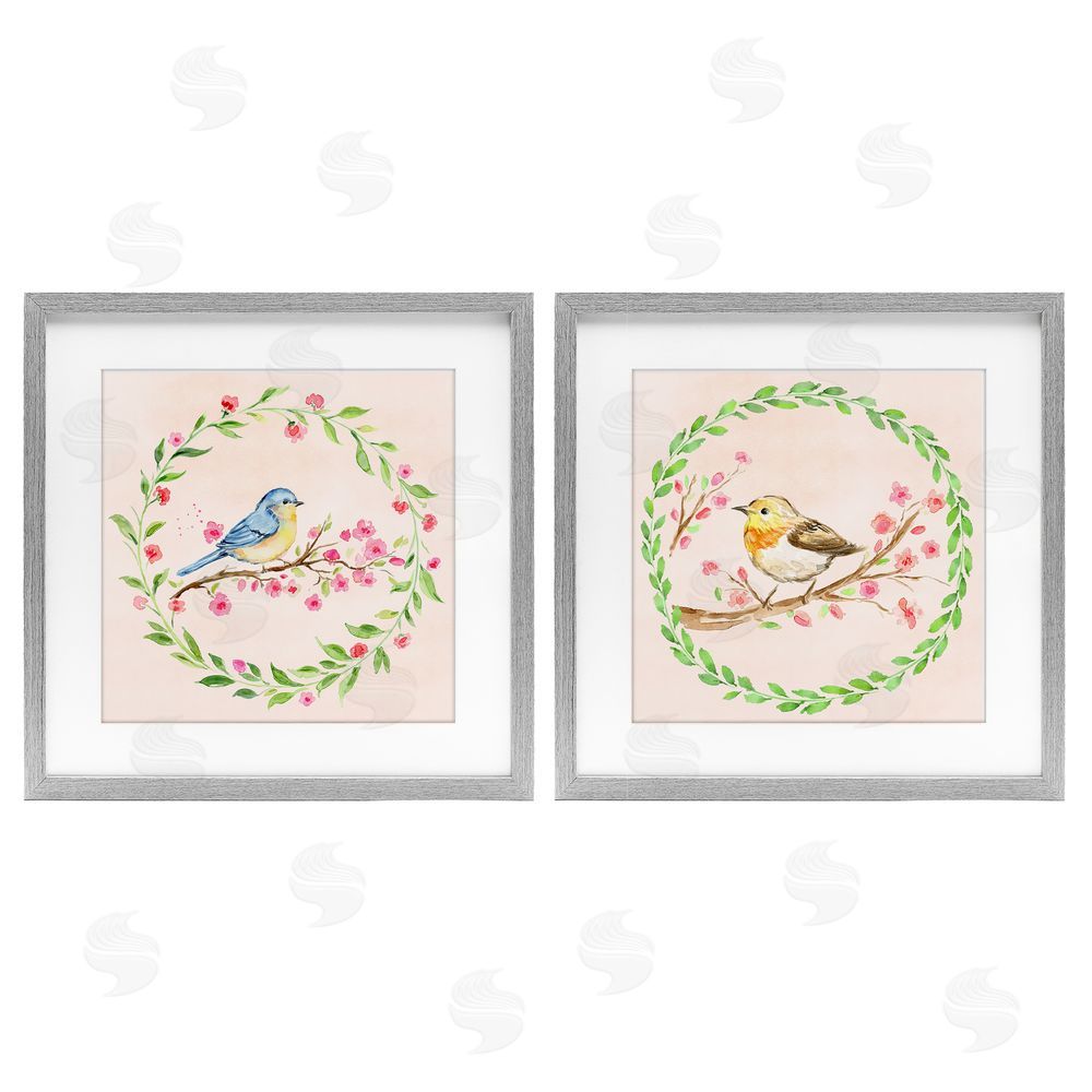 Elena Fay Spring Branches & Wreath Birds Gray Framed Print Under Glass Wall Art