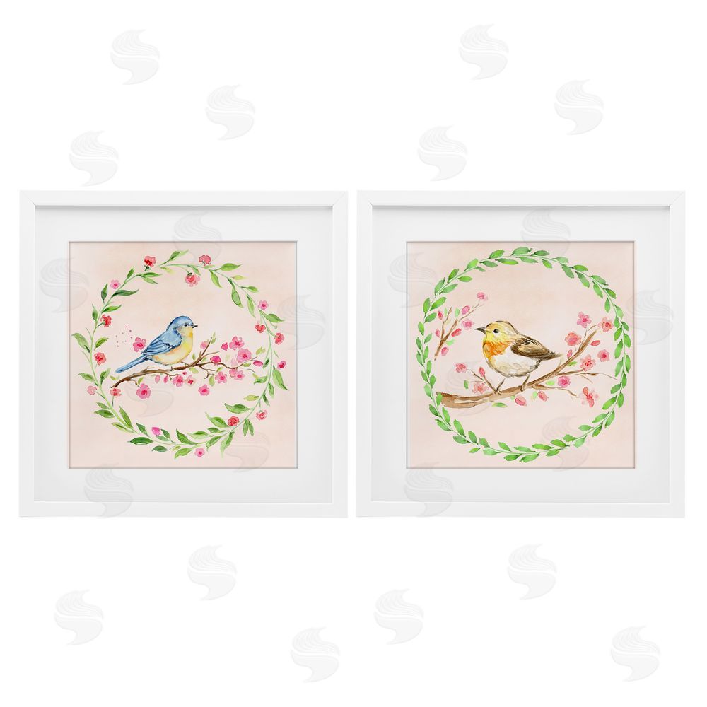 Elena Fay Spring Branches & Wreath Birds White Framed Print Under Glass Wall Art
