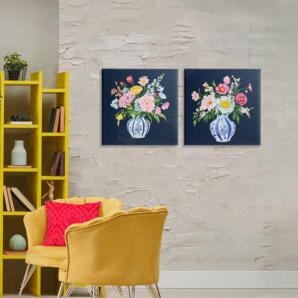 Yen Twin Chinoiserie Vases Stretched Canvas Wall Art Print in Room