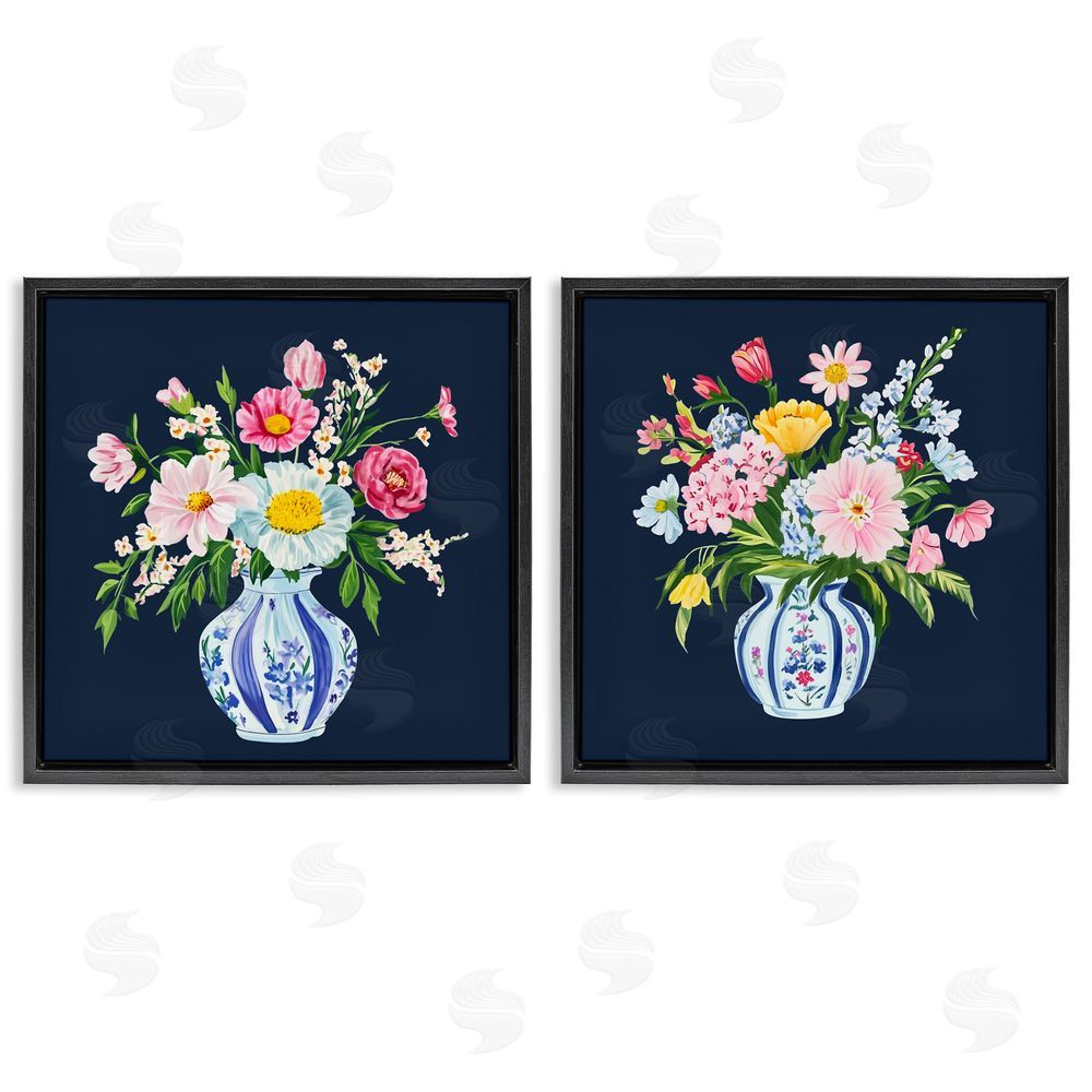 Yen Twin Chinoiserie Vases Black Floating Frame Canvas Wall Art Print