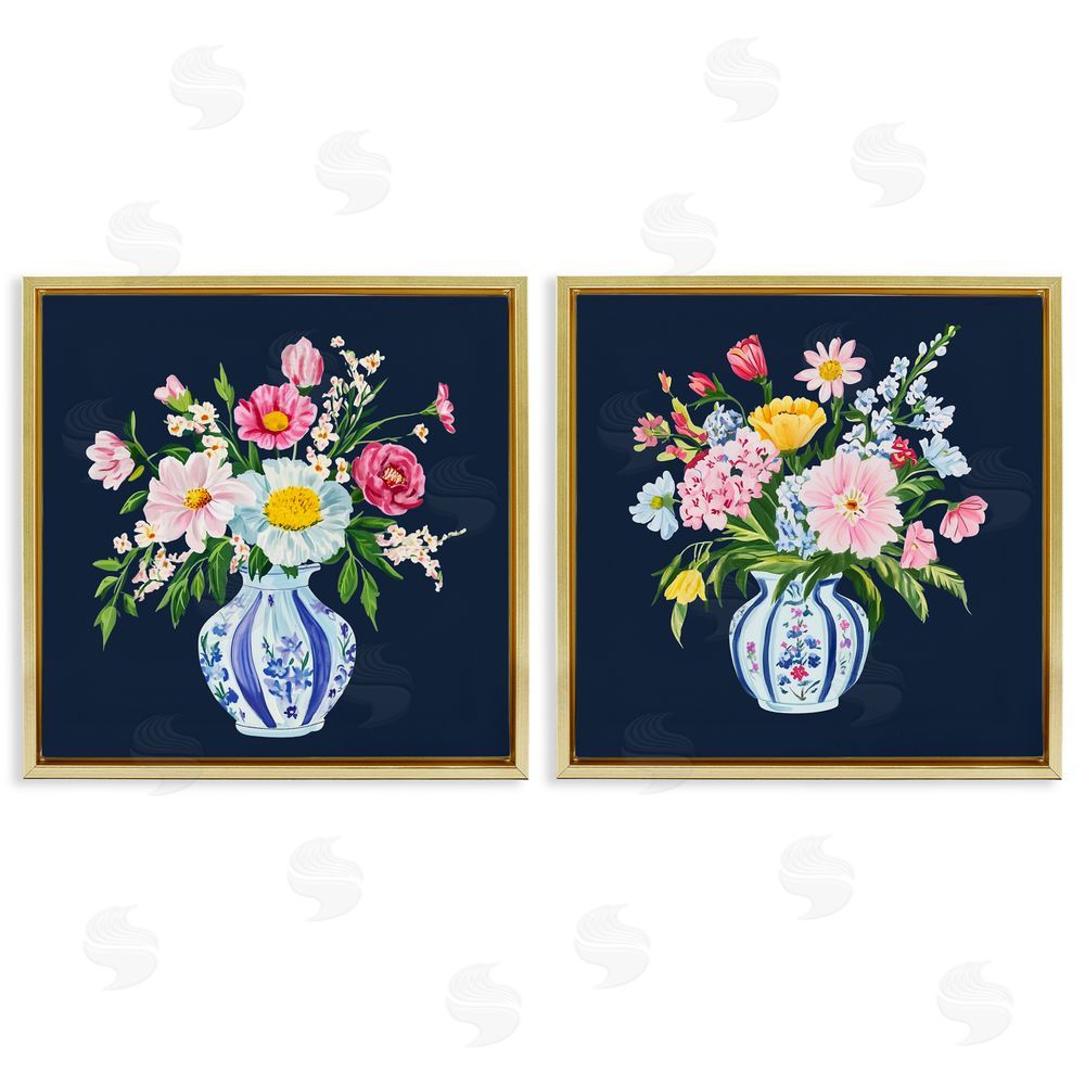 Yen Twin Chinoiserie Vases Gold Floating Frame Canvas Wall Art Print