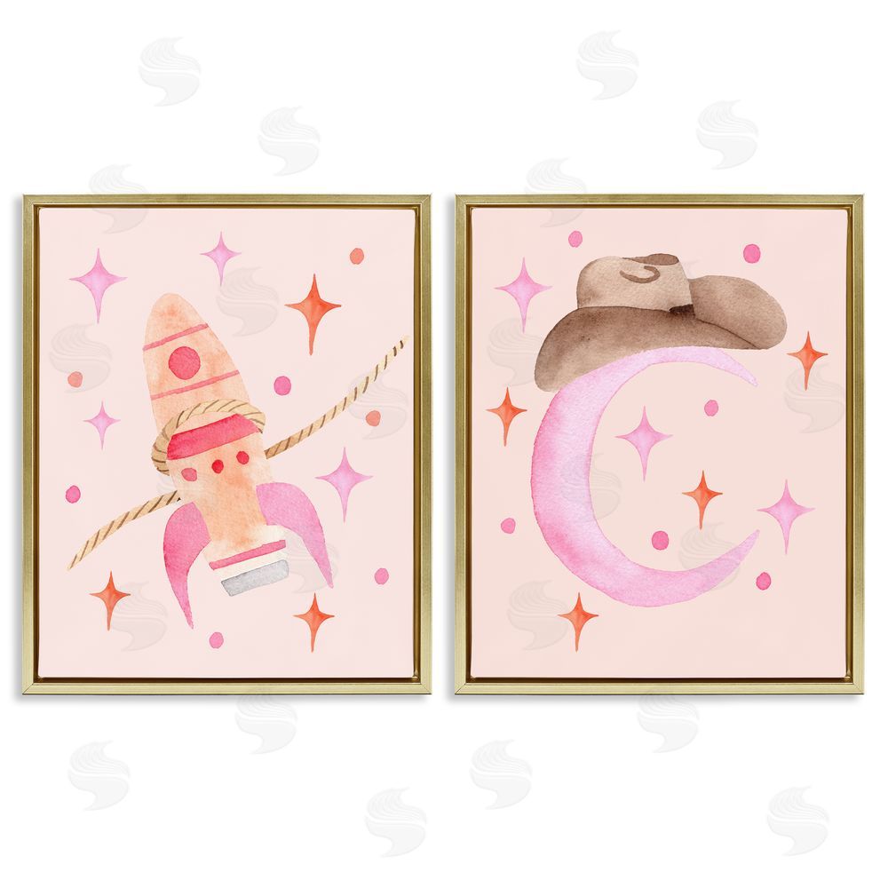 Nina Jacobs Space Cowgirl Rocket Ship Gold Floating Frame Canvas Wall Art Print